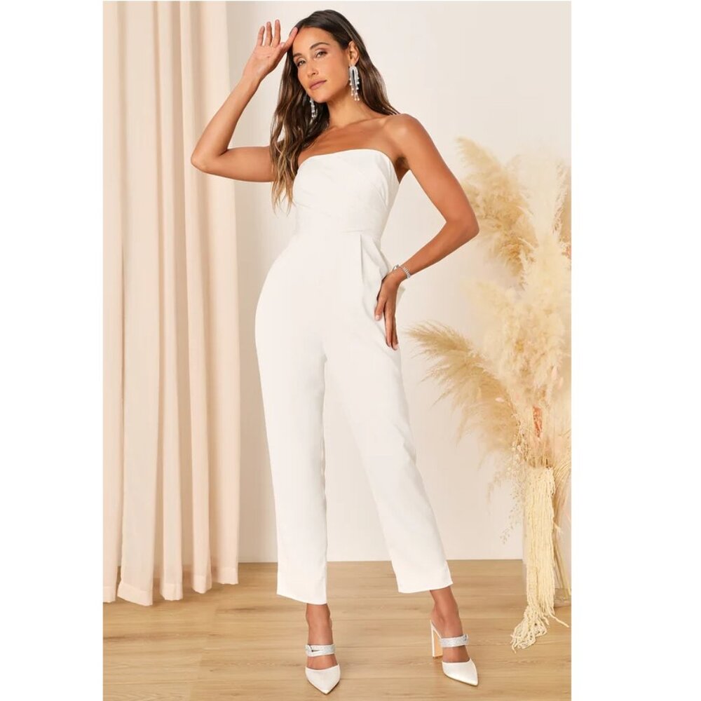 Lulus Beloved Bliss Ivory Strapless Slim Leg Bow Jumpsuit, #2137656, Size S, $63